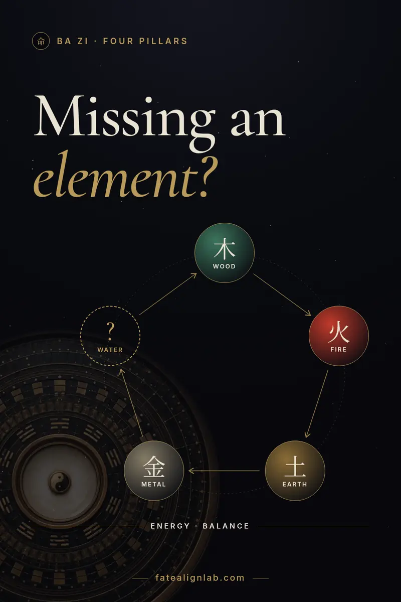 Dark gold five-element graphic with the headline Missing an element?, used for a note on two Day Masters.