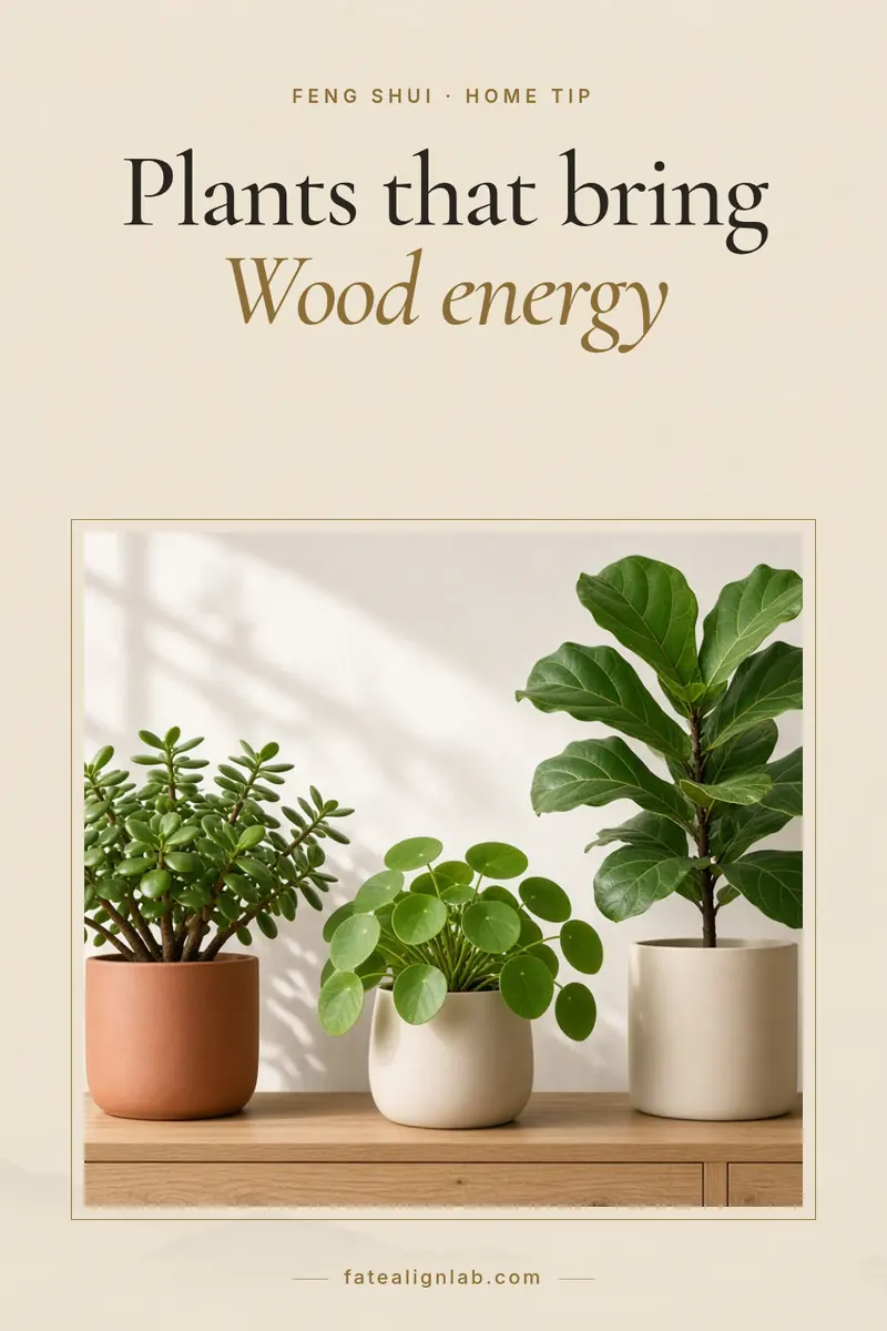 Beige photo of a round-leaf houseplant in a quiet room, headline Plants that bring Wood energy.