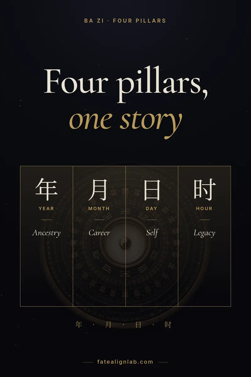 Dark gold graphic of four vertical pillars and the headline Four pillars, one story.
