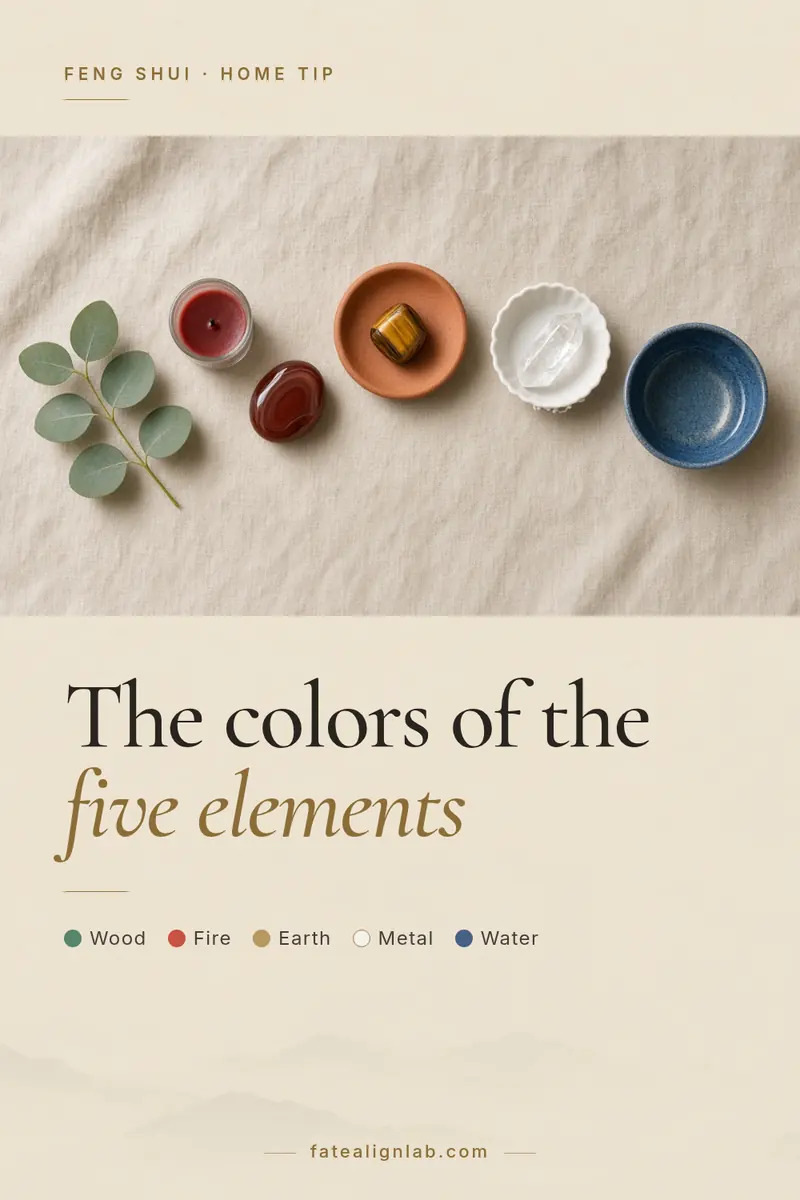 Beige interior with five-element color swatches and the headline The colors of the five elements.
