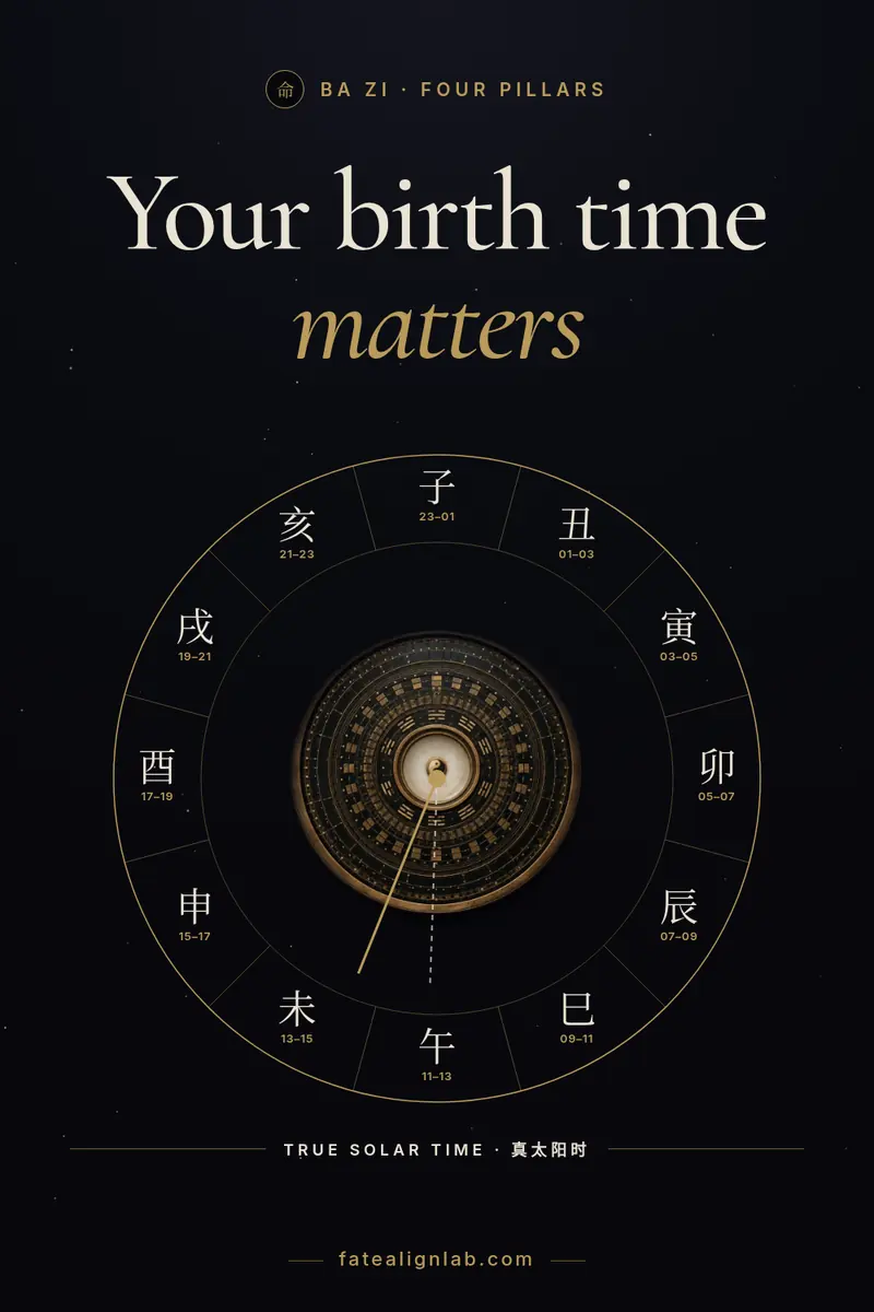 Dark gold graphic of a clock and compass with the headline Your birth time matters.